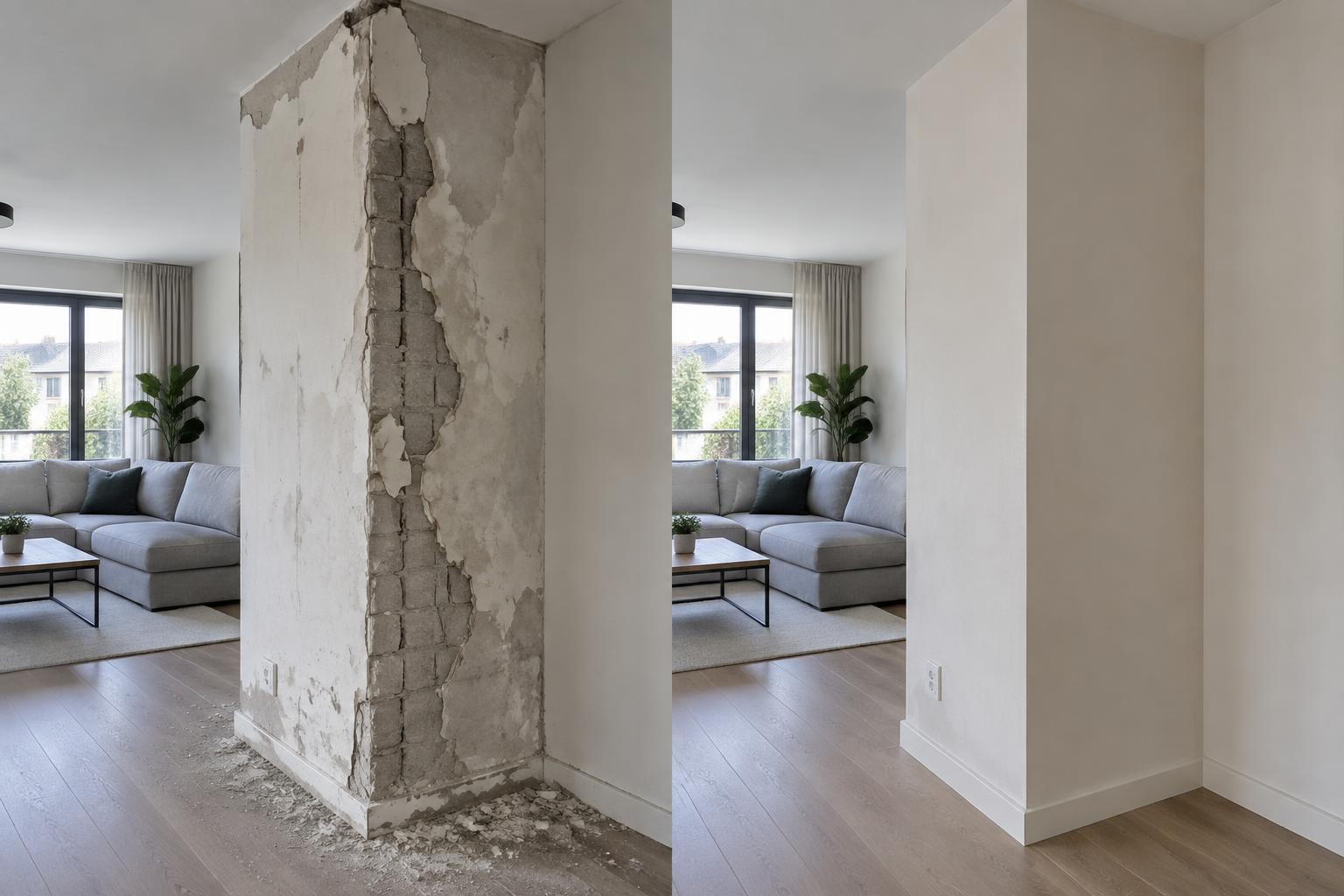 Stucwerk vóór renovatie links en na renovatie rechts, vanuit hetzelfde perspectief