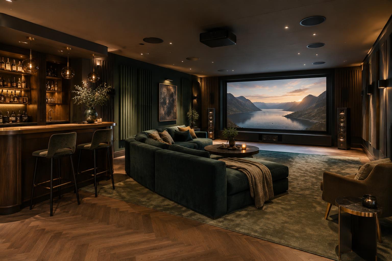Luxe mancave met privébar, thuisbioscoop, Dolby Atmos plafondluidsprekers en high-end audiosysteem
