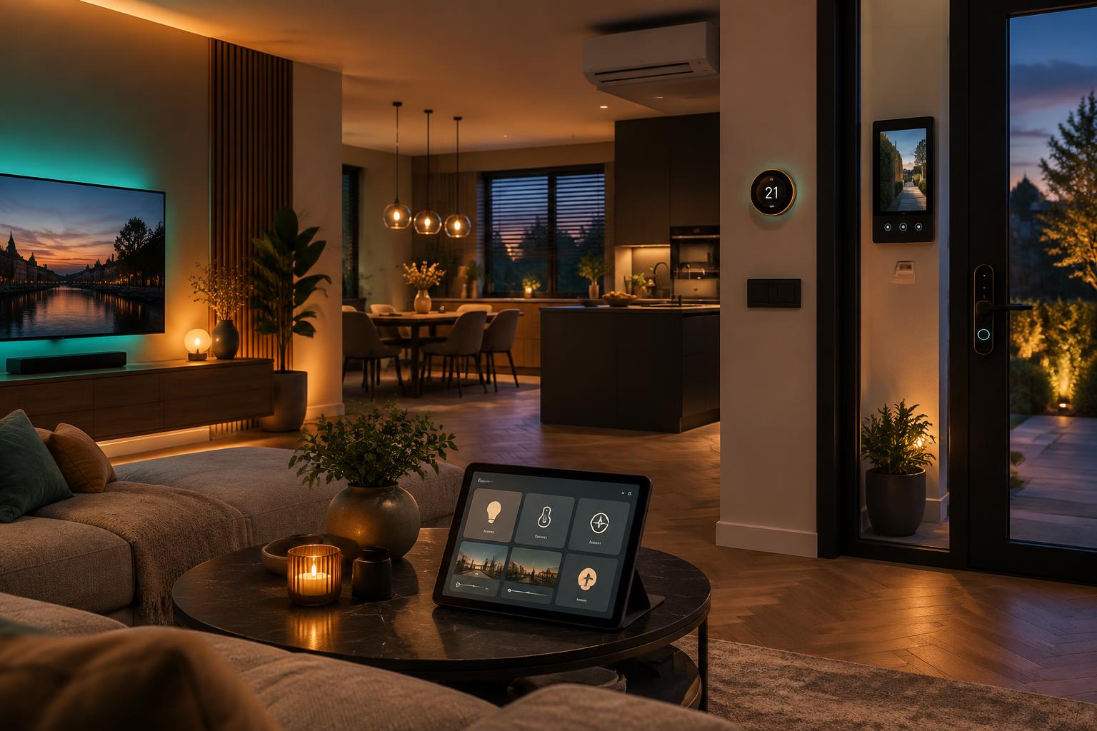 Slimme woonkamer met sfeerverlichting, tabletbediening, thermostaat, intercom en slim deurslot
